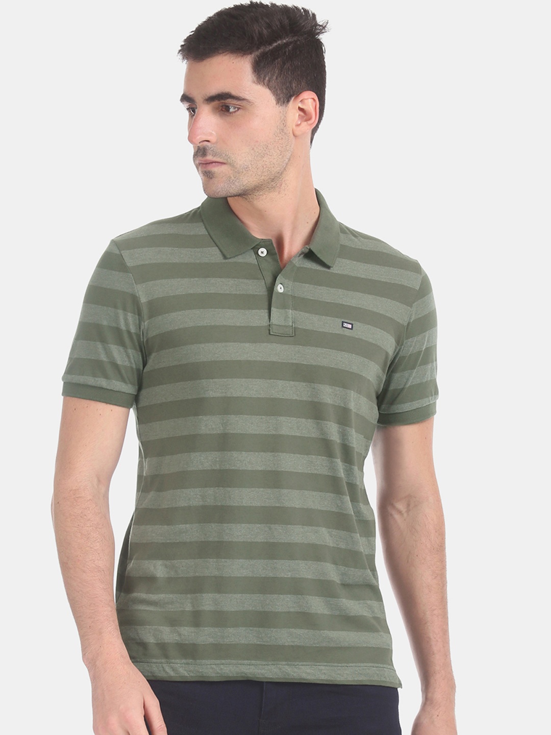 

Arrow Men Olive Green Striped Polo Collar Pure Cotton T-shirt