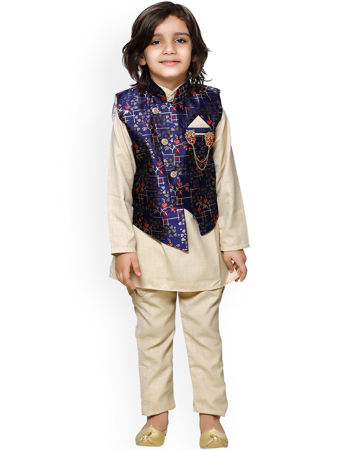 

Aj DEZInES Boys Beige & Navy Blue Printed Kurta with Pyjamas & Nehru Jacket