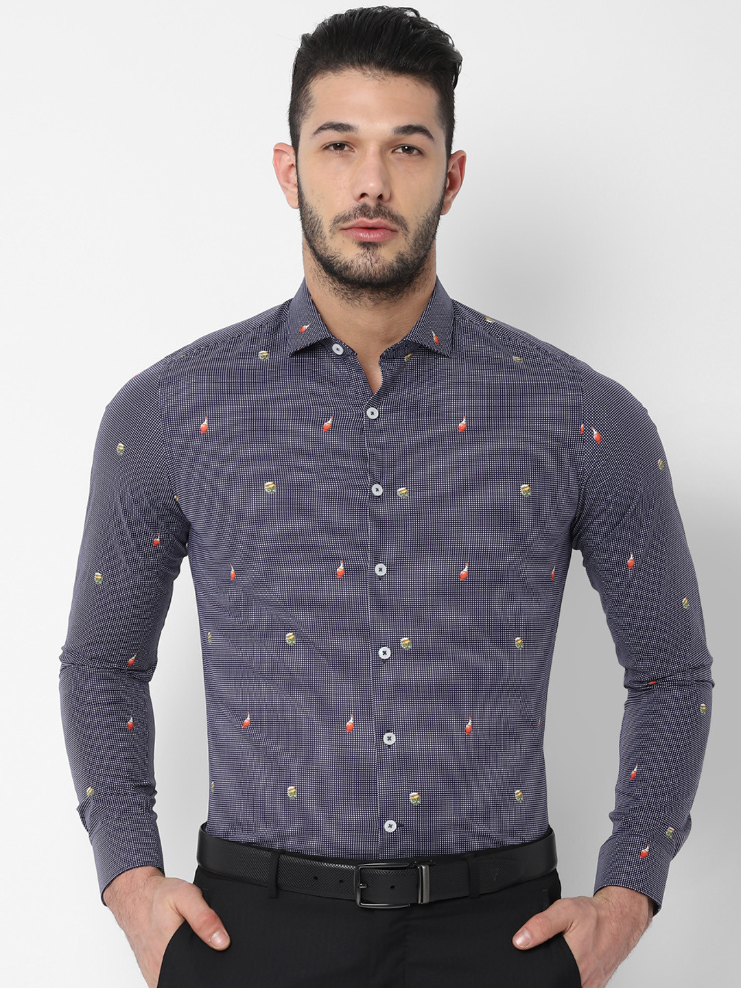 

SIMON CARTER LONDON Men Navy Blue & White Slim Fit Printed Formal Shirt