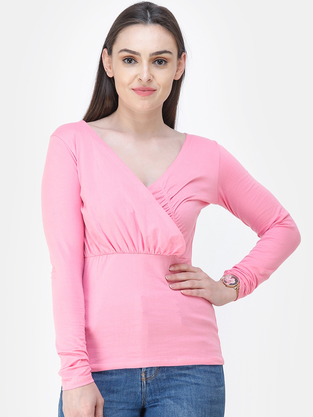 

Cation Women Pink Solid Wrap Pure Cotton Top