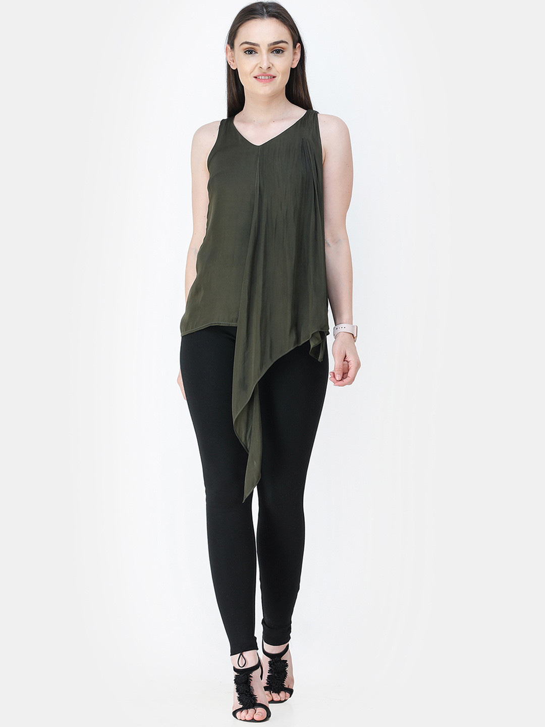 

Cation Women Olive Green Solid A-Line Top