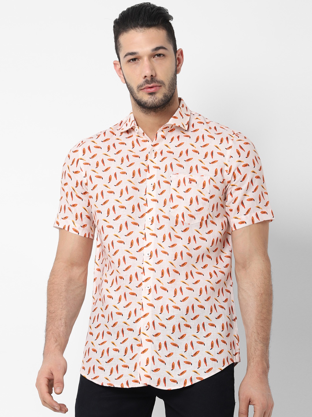 

SIMON CARTER LONDON Men Off-White & Orange Slim Fit Printed Pure Linen Shirt