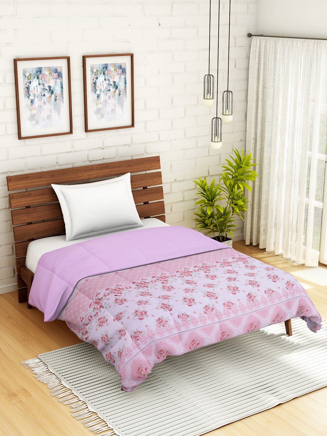 

WELHOME Pink & White Floral AC Room 110 GSM Single Bed Quilt