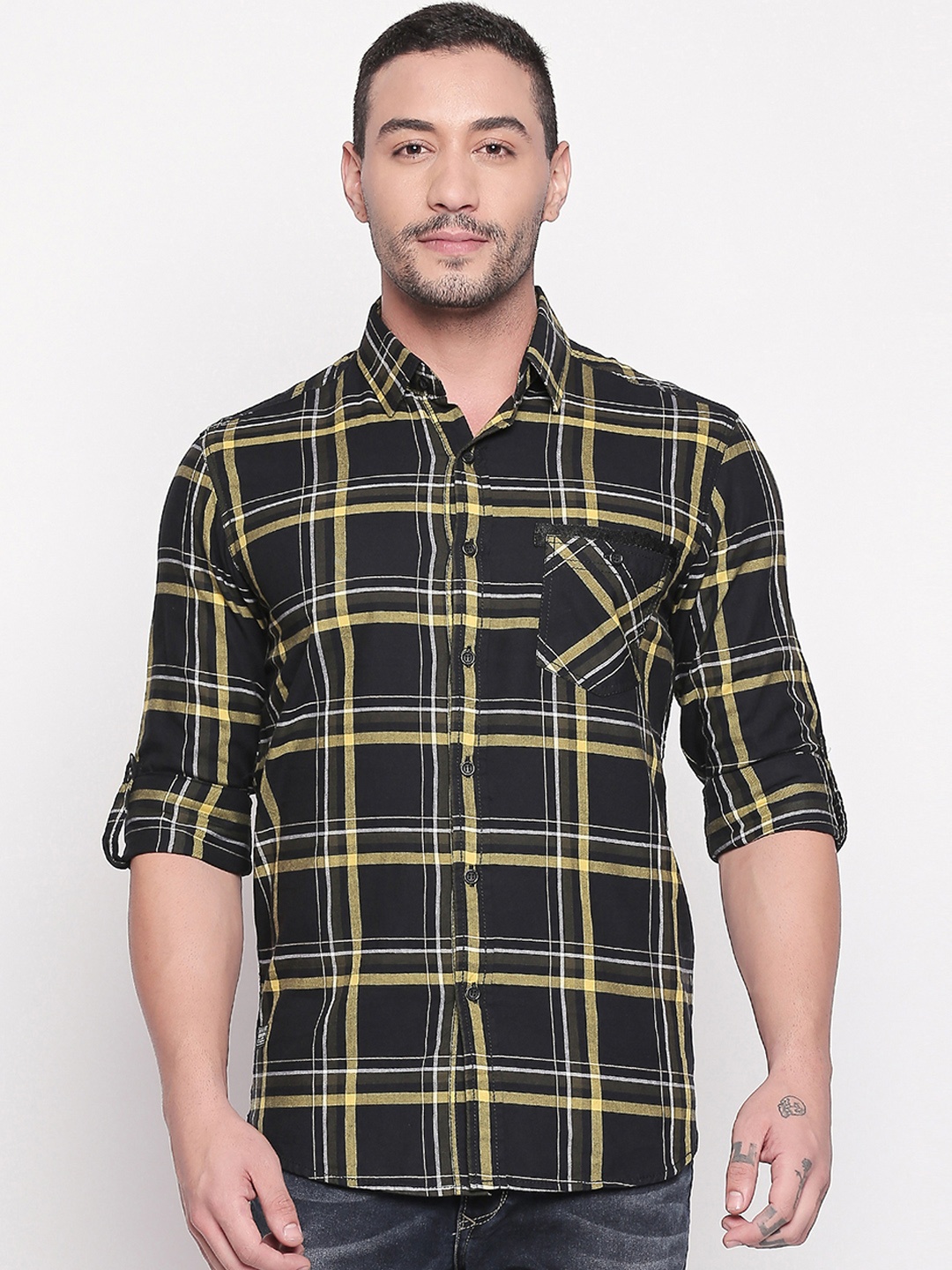 

Mufti Men Black & Sea Green Slim Fit Checked Casual Shirt