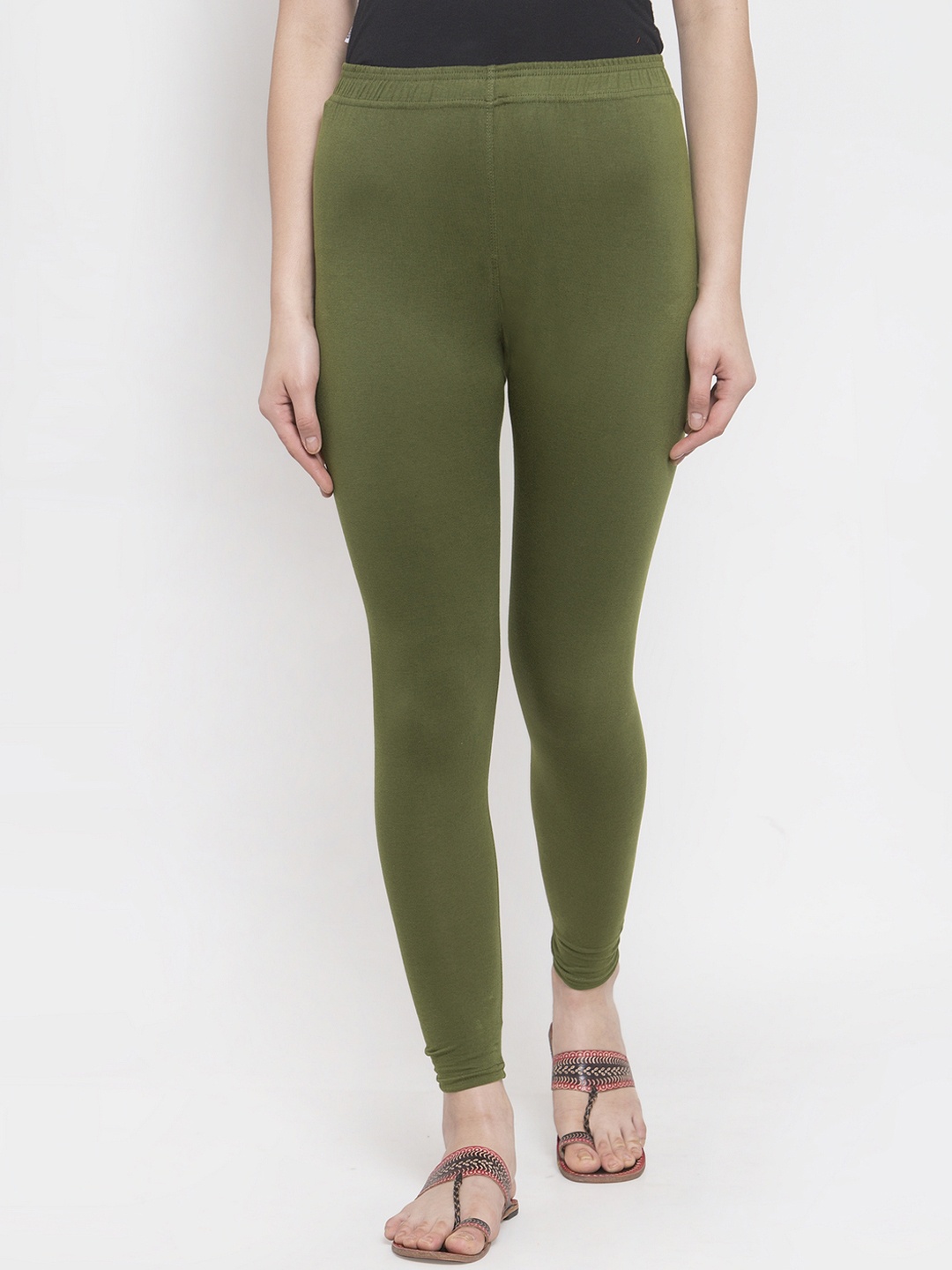 

TAG 7 Women Olive Green Solid Ankle-Length Leggings