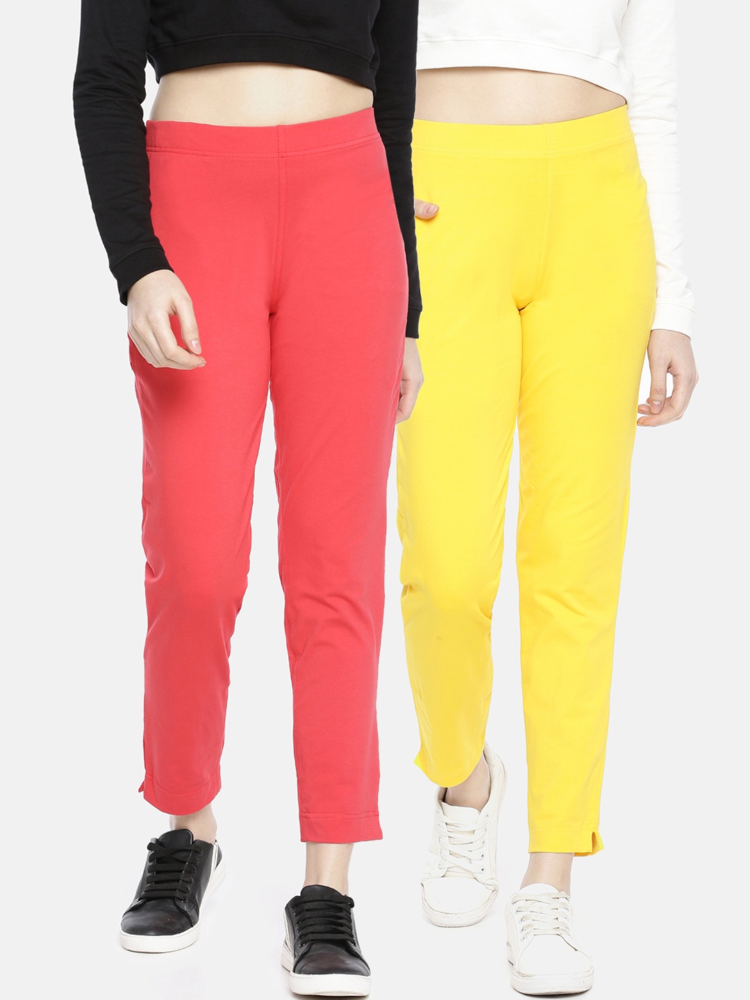 

Dollar Missy Women Pack Of 2 Smart Straight Fit Solid Regular Trousers, Coral
