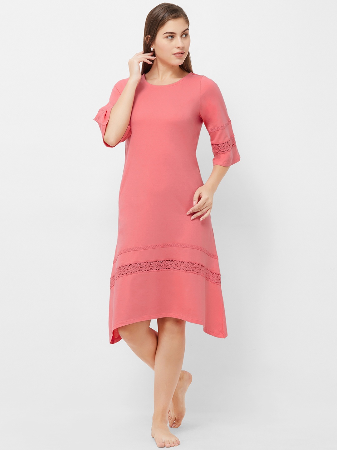 

Soie Coral Pink Solid Knee Length Nightdress NT-116SUNKIST