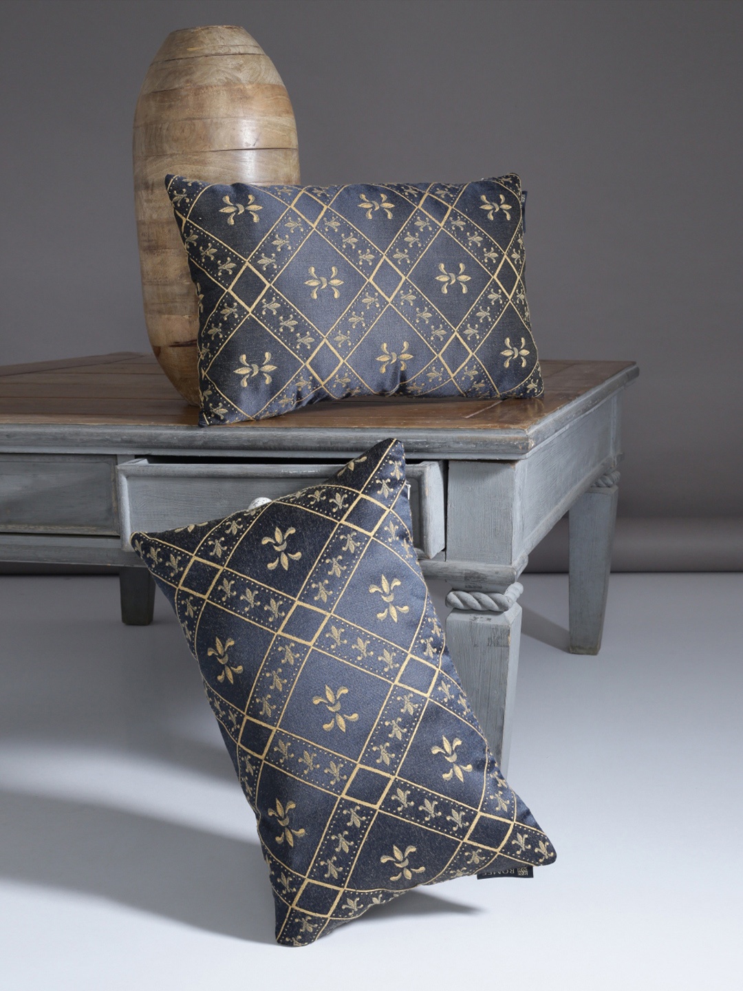 

ROMEE Navy Blue Set of 2 Ethnic Motifs Rectangle Cushion Covers