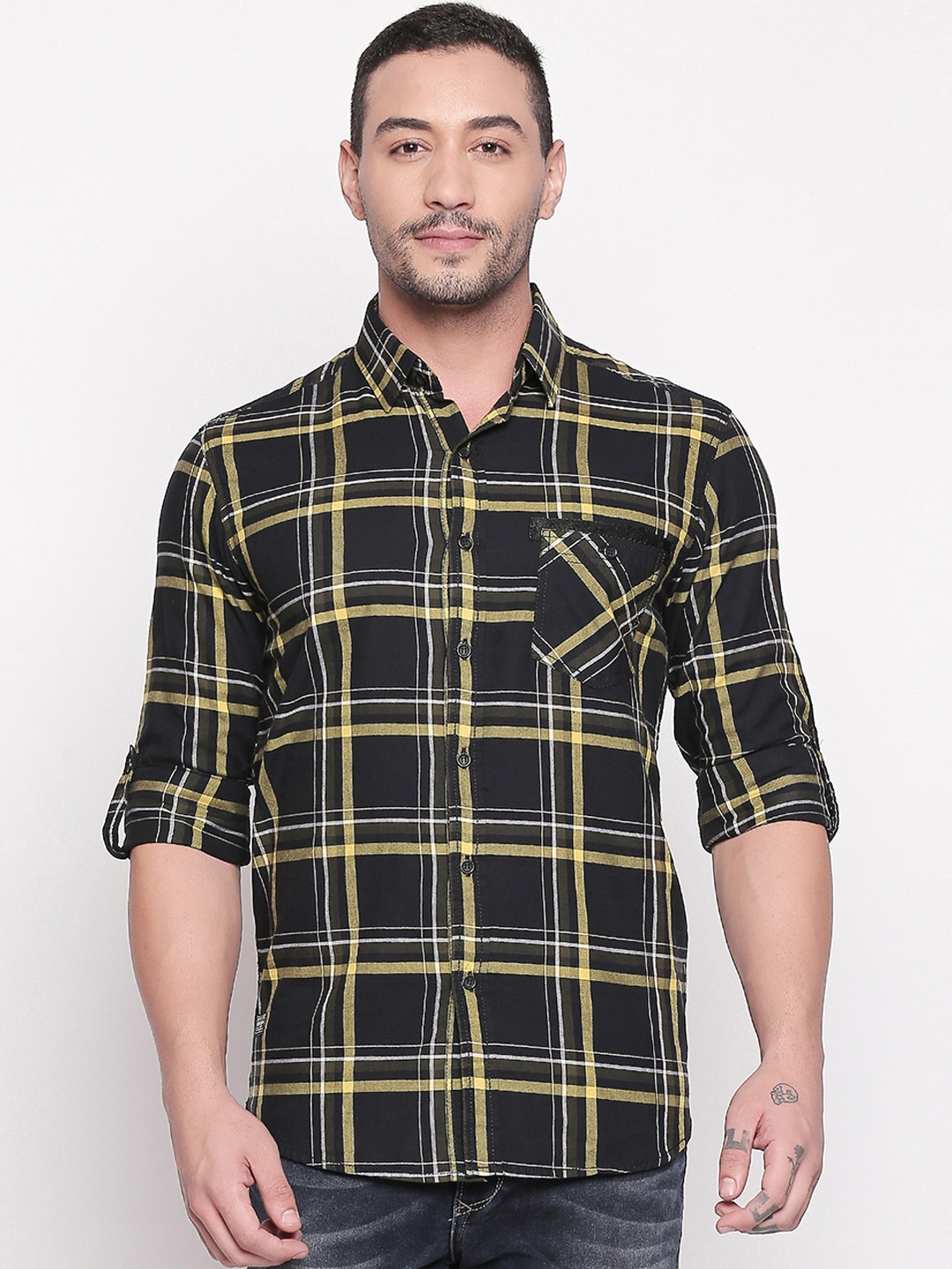 

Mufti Men Black & Sea Green Slim Fit Checked Casual Shirt