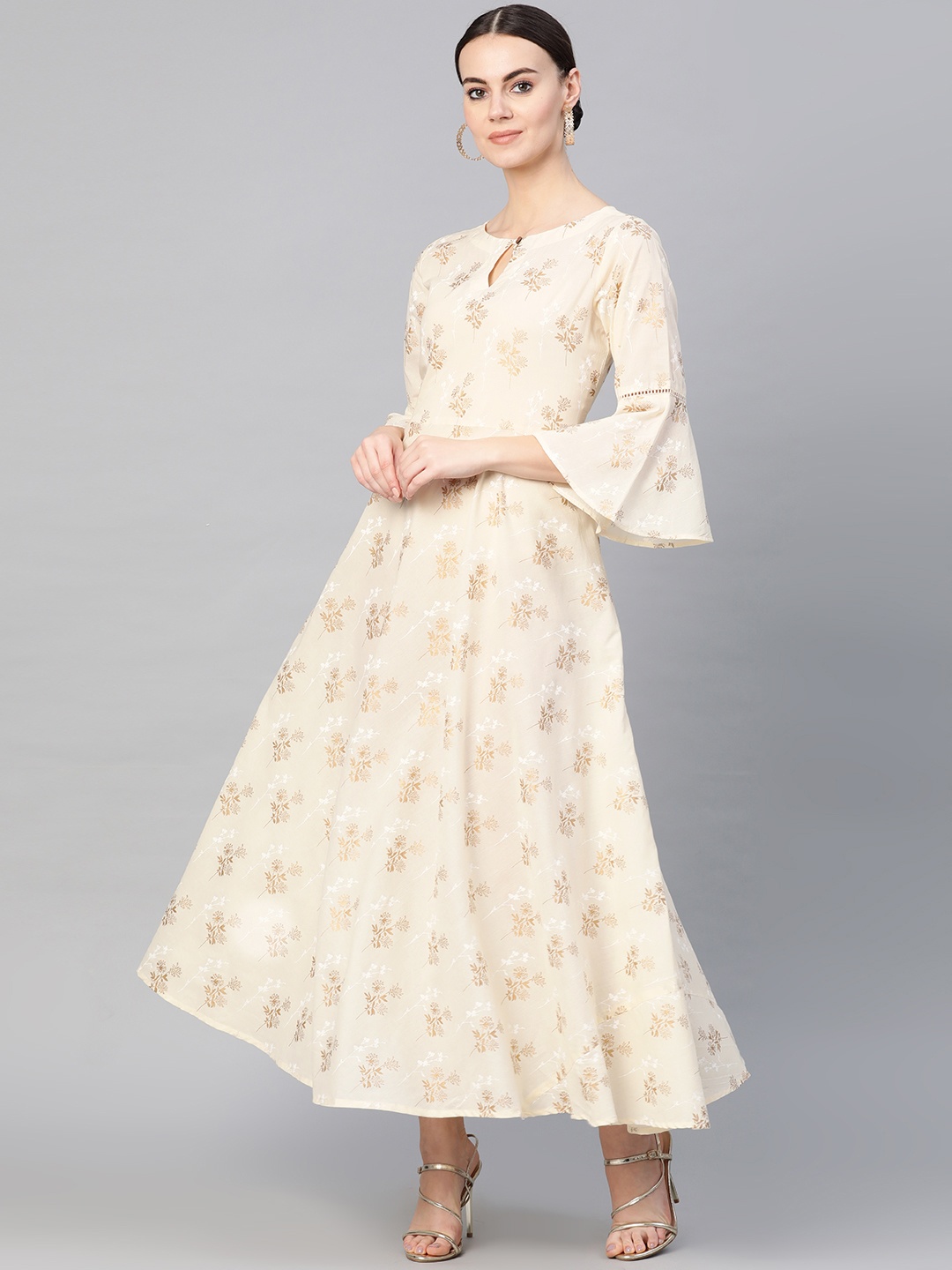 

Yuris Women Cream-Coloured Floral Printed Maxi Ethnic Dress