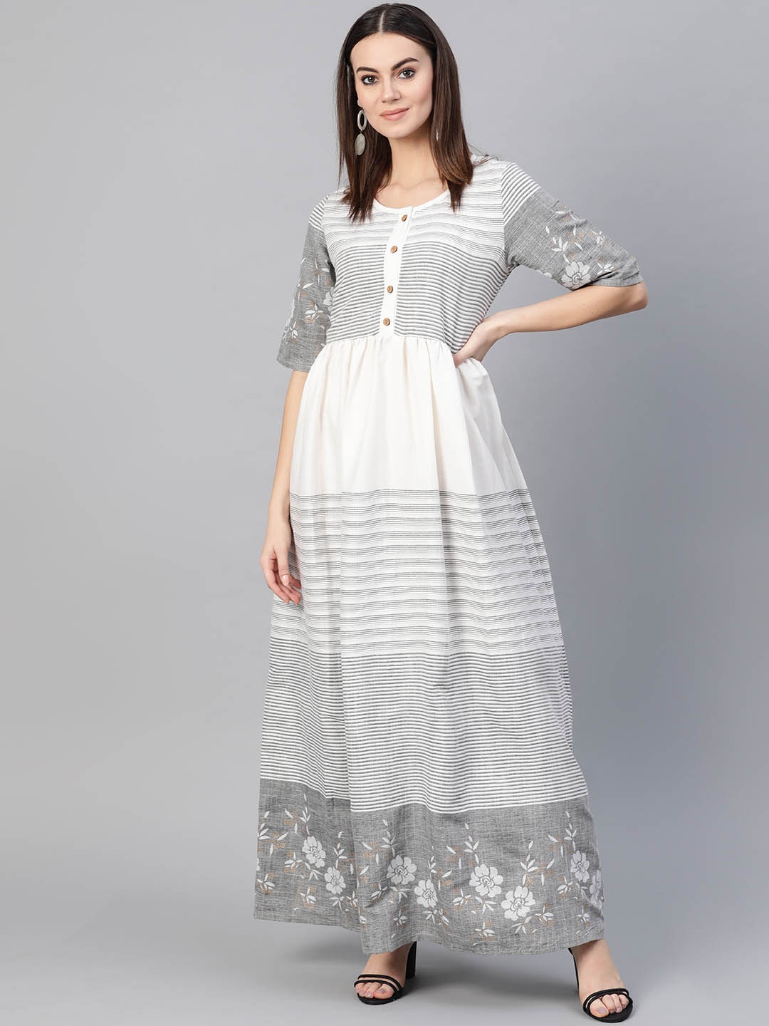 

Yuris Women White & Grey Striped Maxi Ethnic Dress