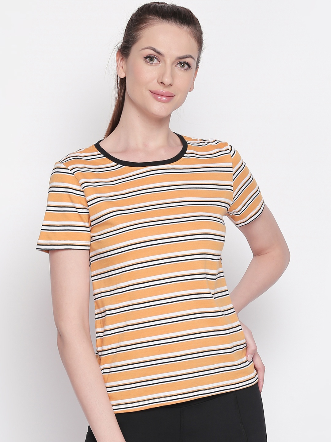 

Ajile by Pantaloons Women Yellow Black Striped Round Neck Pure Cotton T-shirt