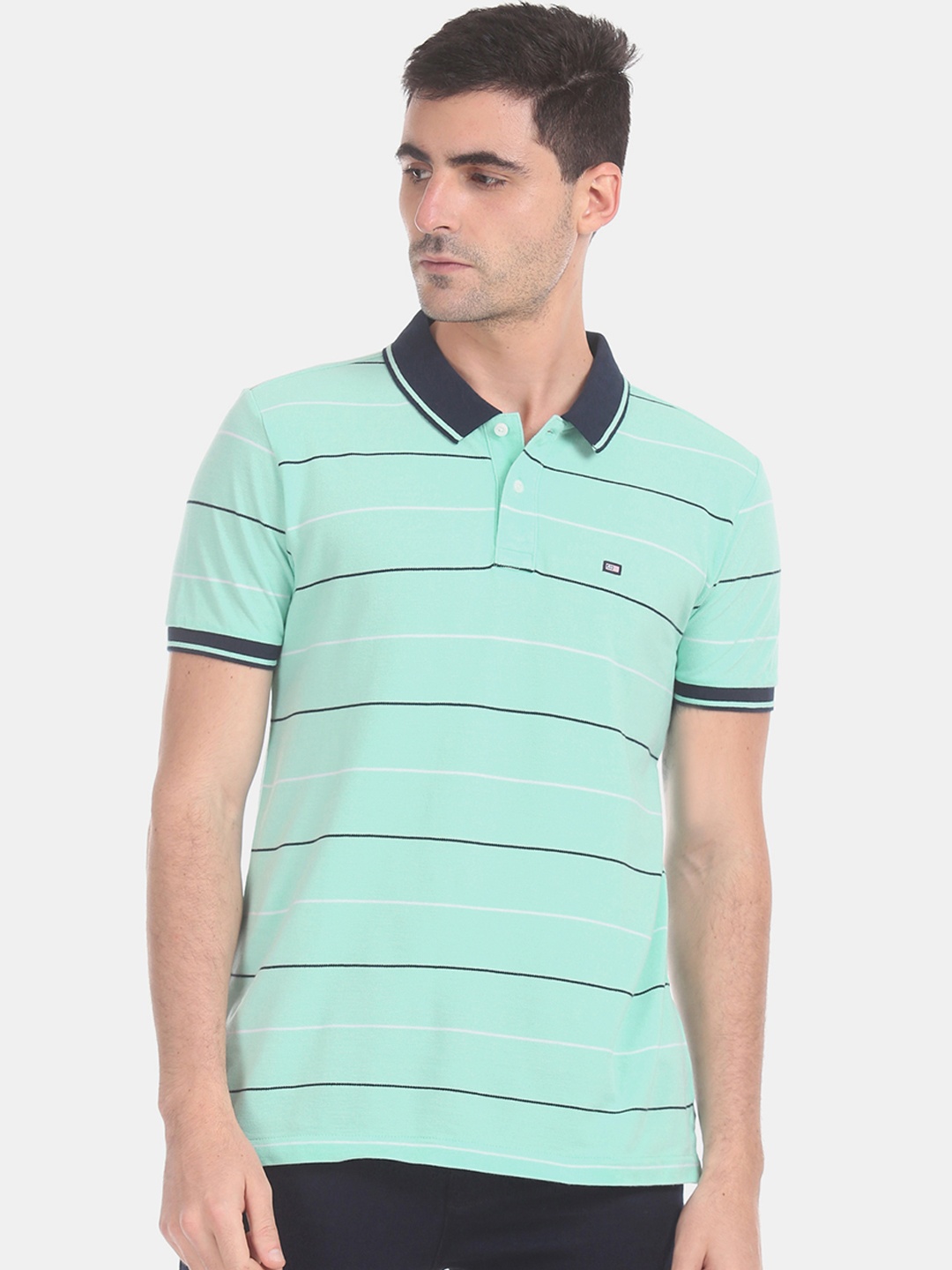 

Arrow Men Sea Green Grey Striped Polo Collar Pure Cotton T-shirt