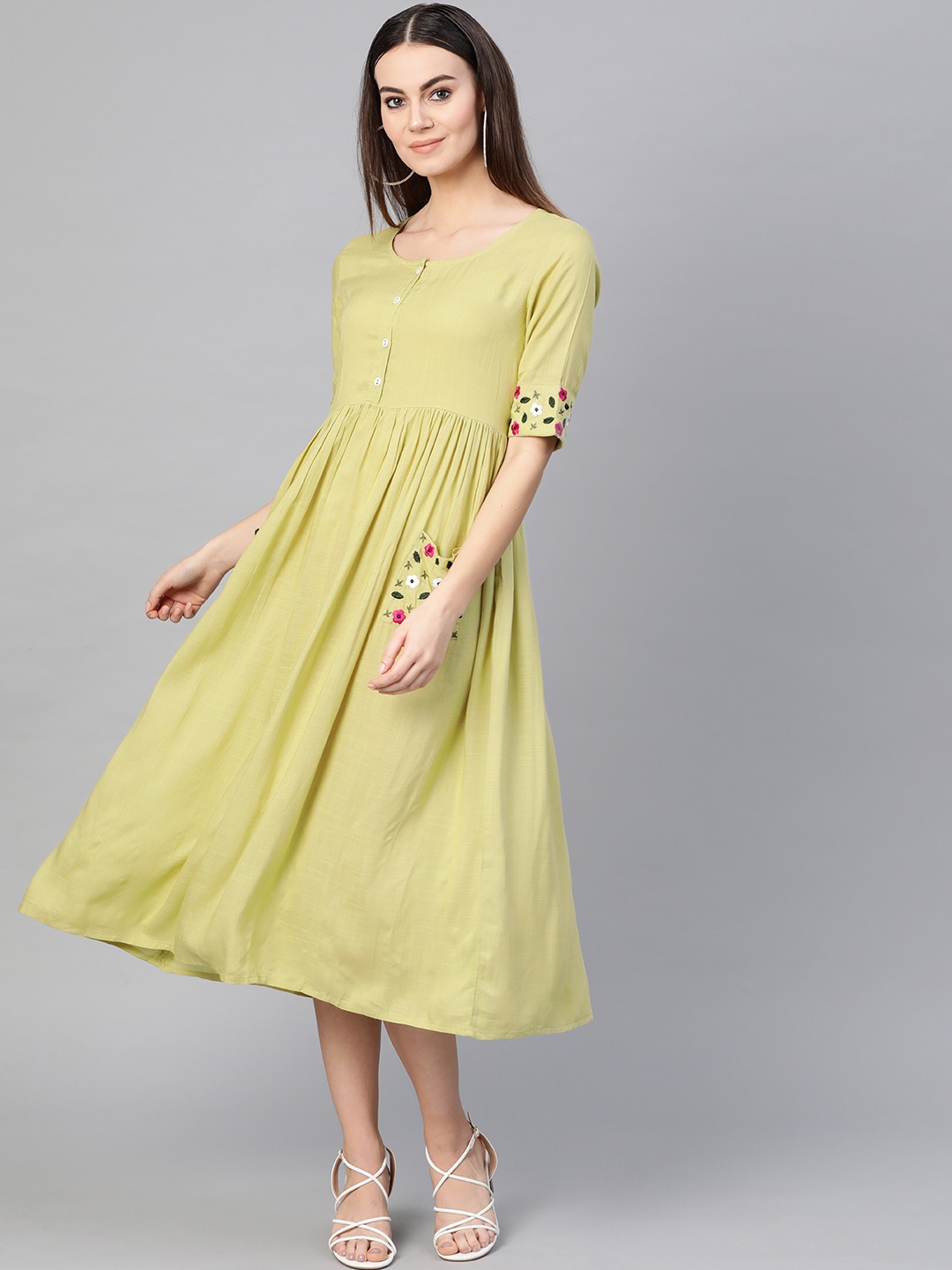 Yuris Lime GreenEmbroidered A-Line Ethnic Dress, Lime green