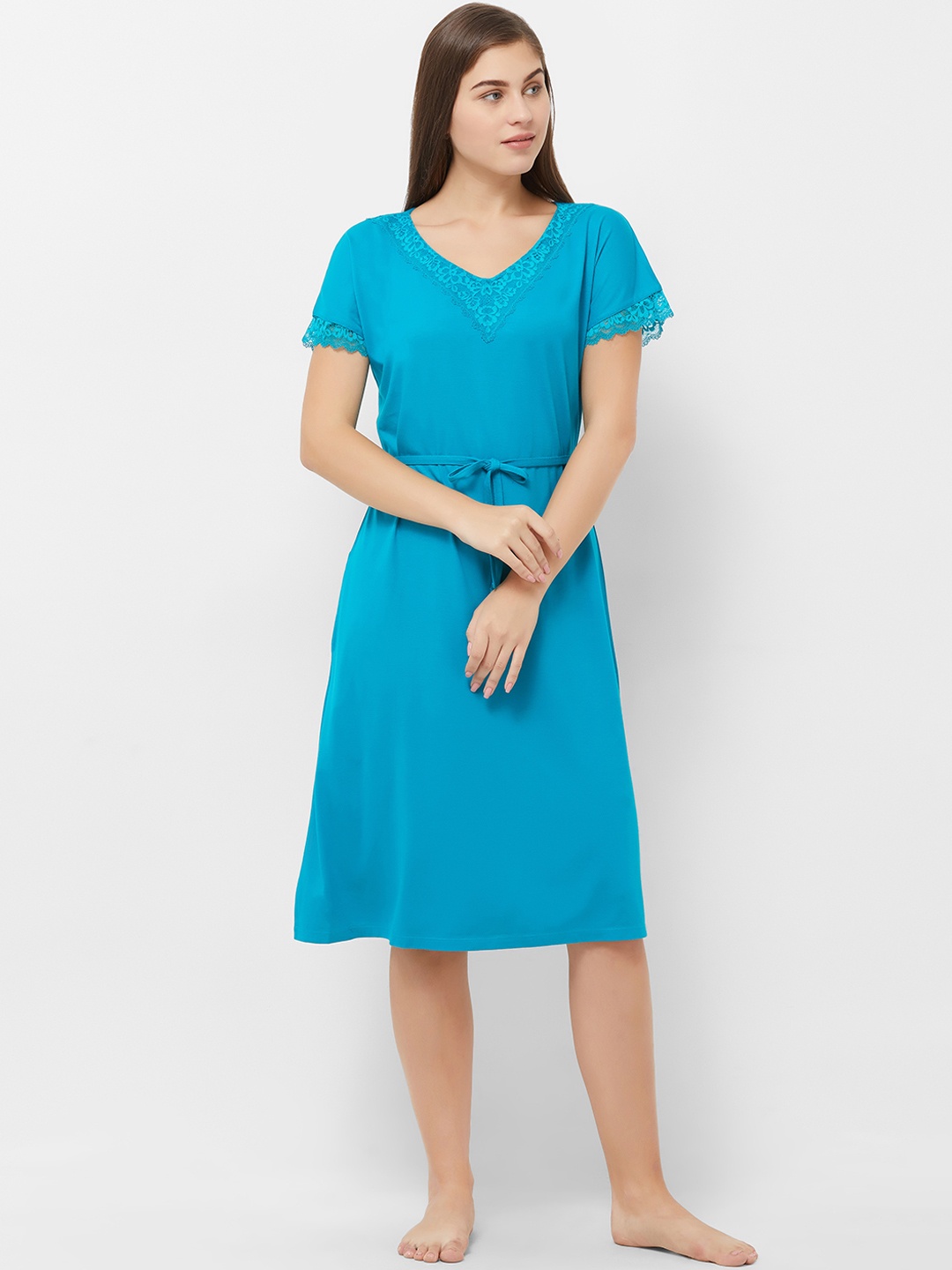 

Soie Women Blue Pure Cotton Solid Sleep Shirt