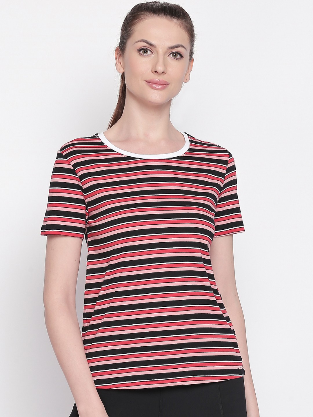 

Ajile by Pantaloons Women Black Pink Striped Round Neck Pure Cotton T-shirt