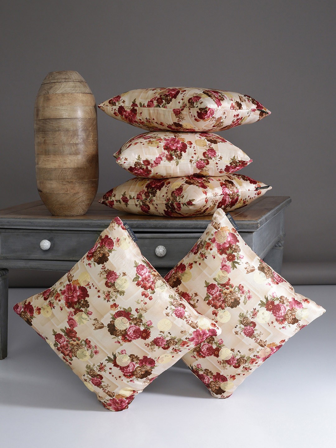 

ROMEE Beige & Pink Set of 5 Floral Square Cushion Covers