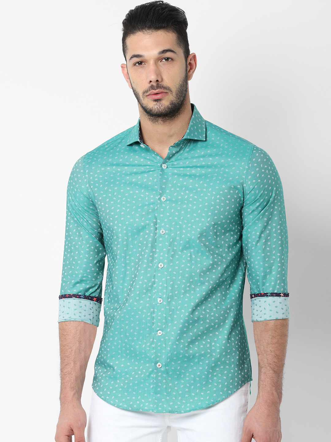 

SIMON CARTER LONDON Men Sea Green & Off-White Slim Fit Printed Casual Shirt