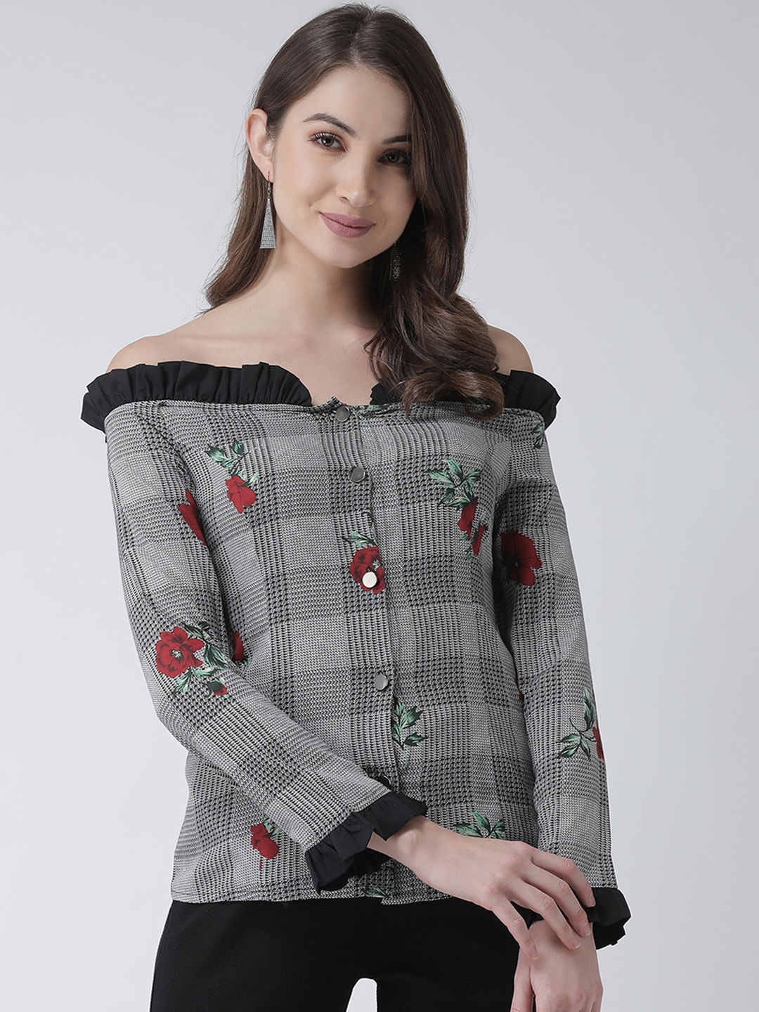 

KASSUALLY Women Black Checked Shirt Style Top