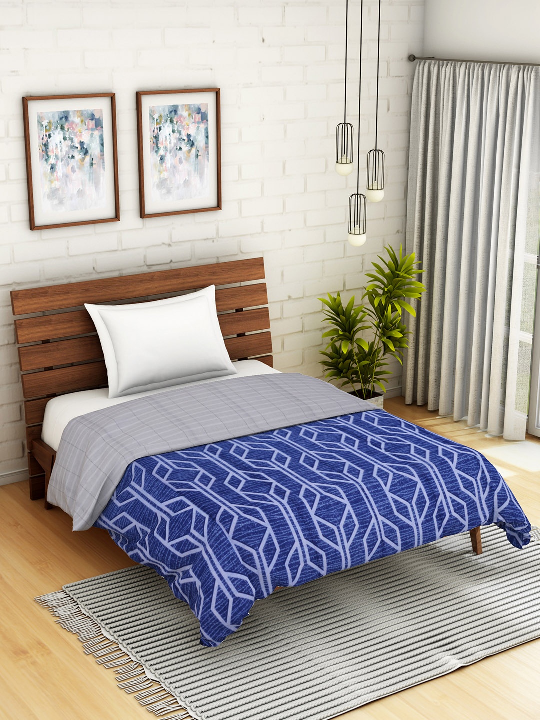 

WELHOME Blue & Grey Geometric AC Room 110 GSM Single Bed Quilt