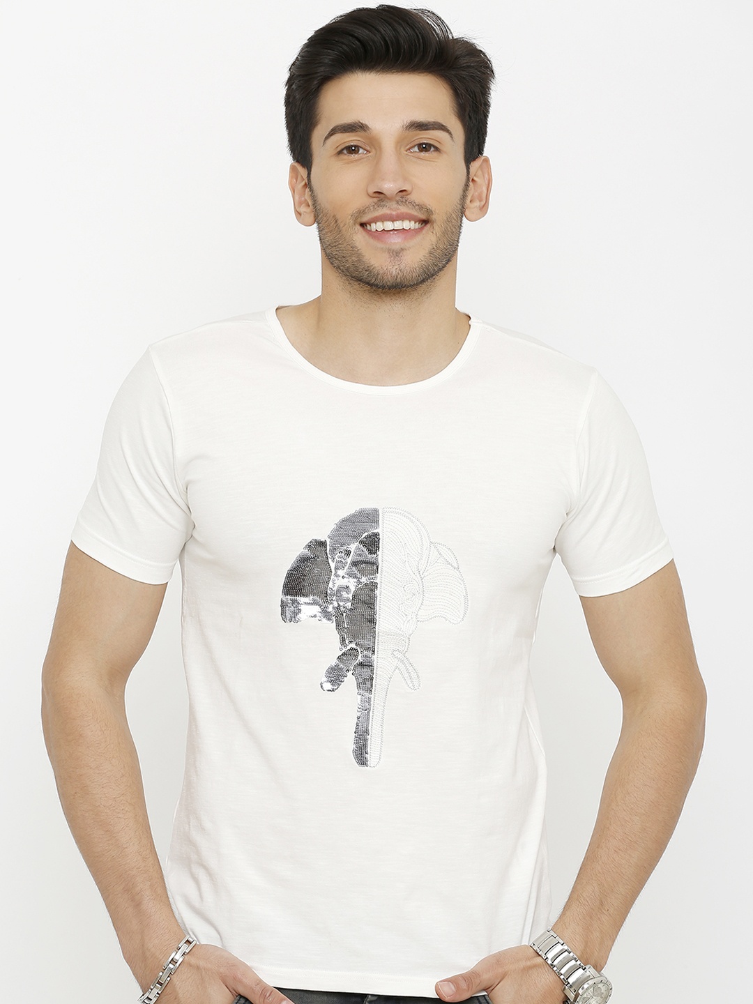 Rex Straut Jeans Men White Printed Round Neck T-shirt