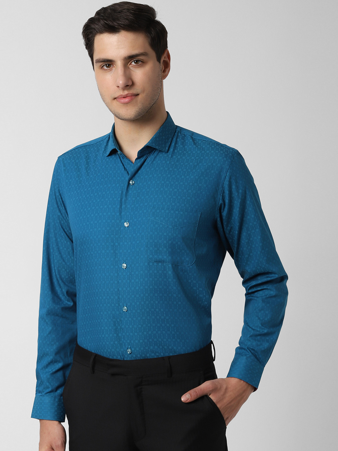 

Peter England Men Teal Blue Regular Fit Self Design Formal Shirt