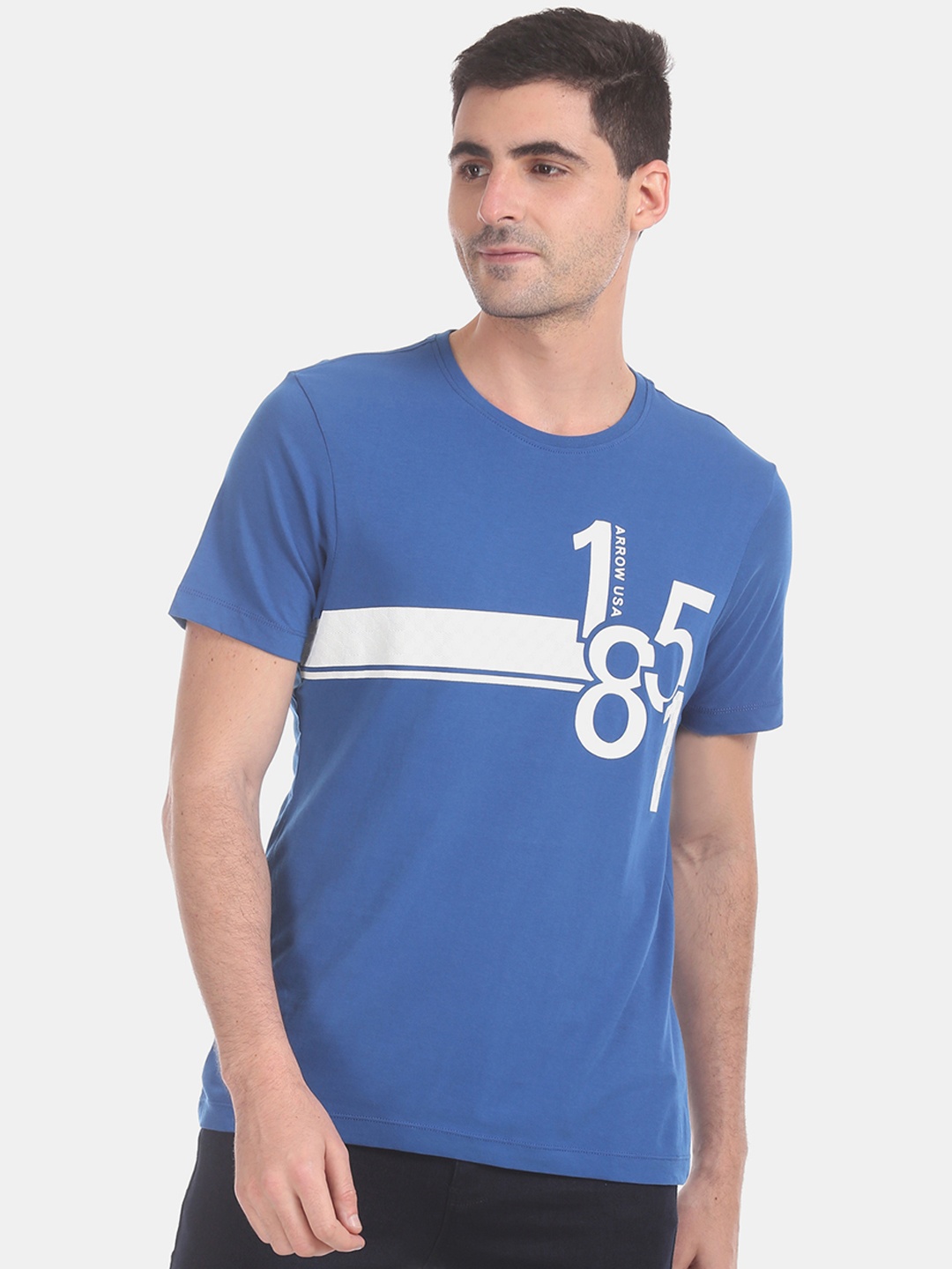 

Arrow Men Blue Printed Round Neck Pure Cotton T-shirt