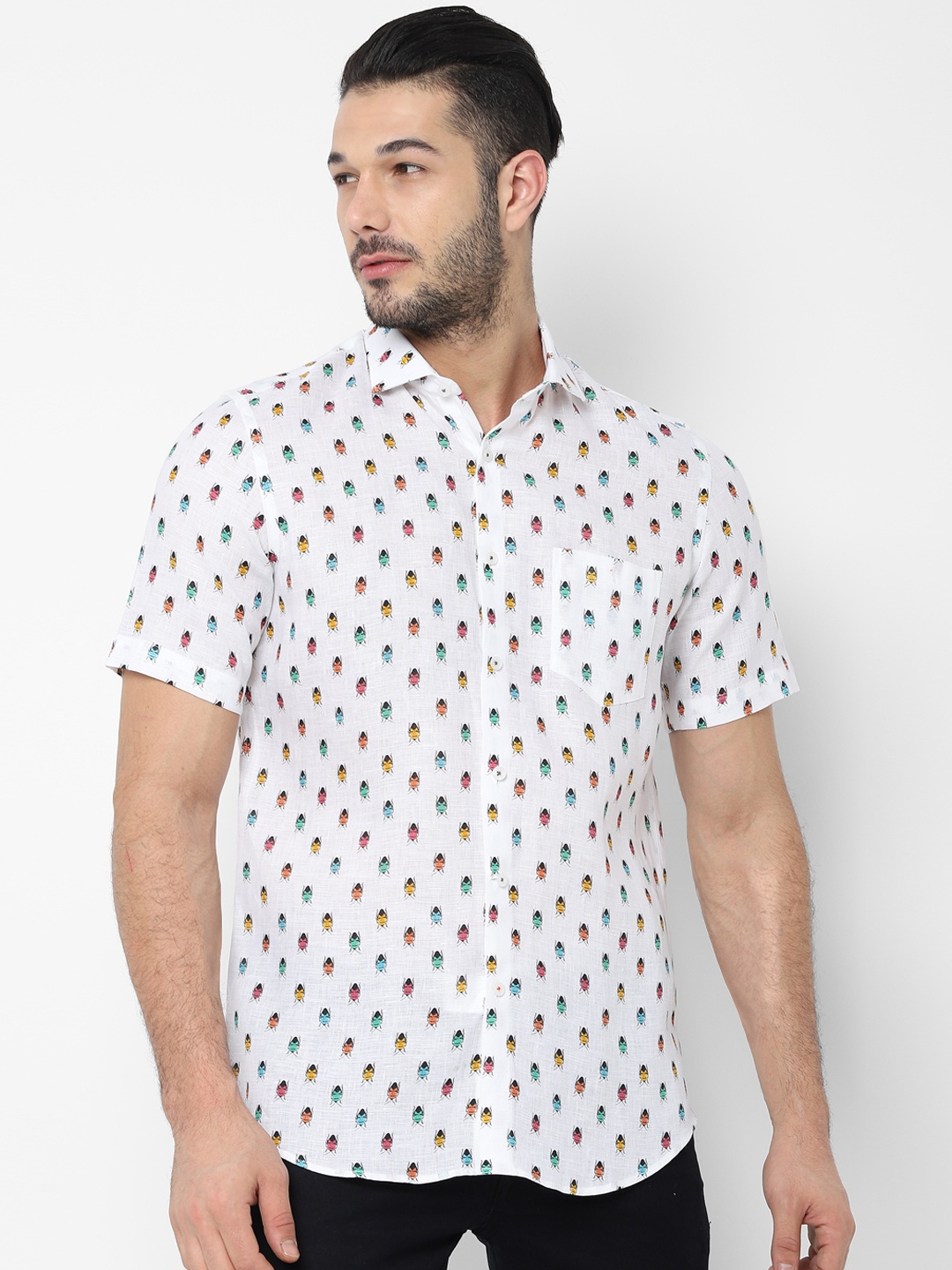 

SIMON CARTER LONDON Men White & Blue Slim Fit Printed Pure Linen Shirt