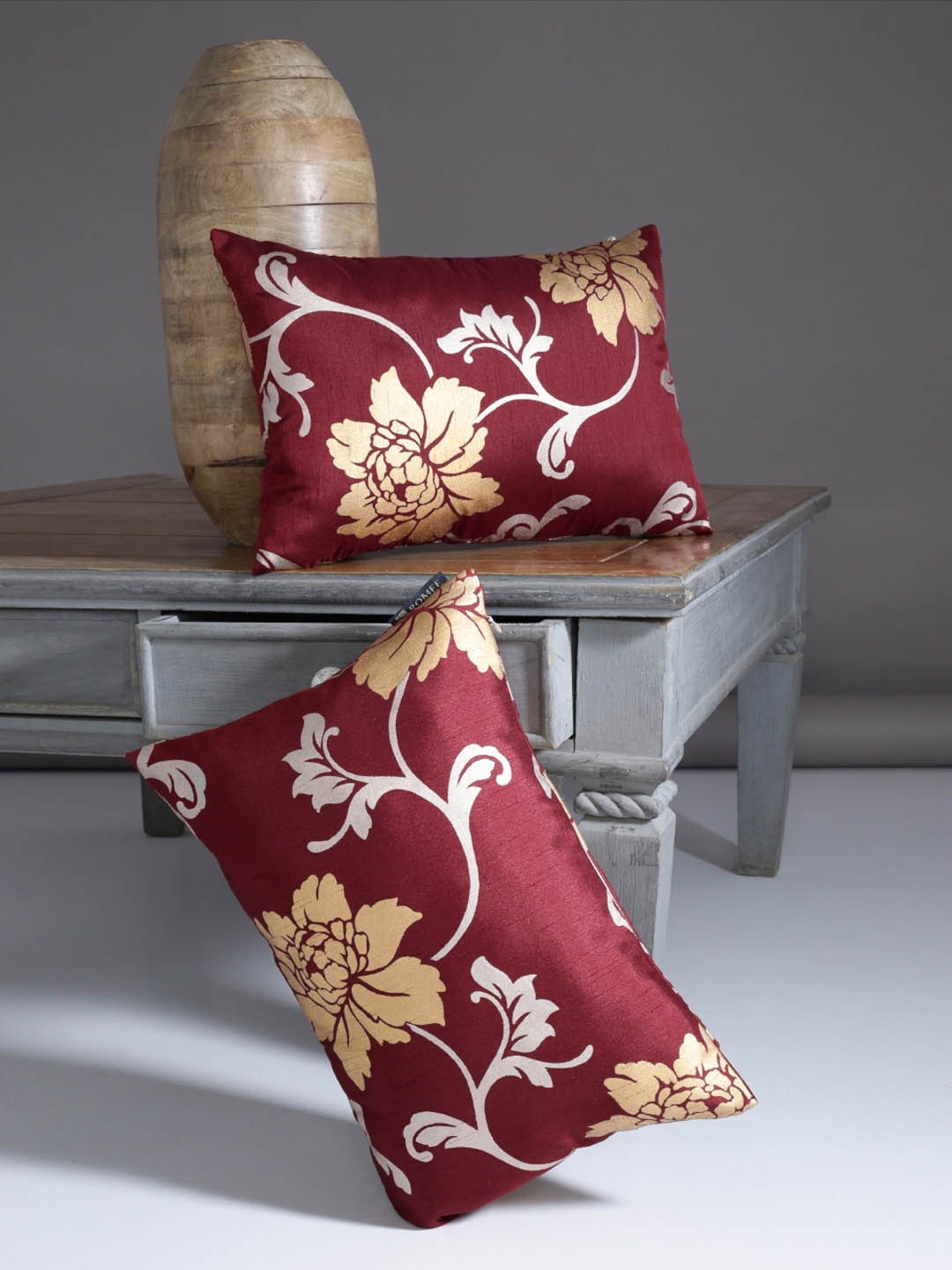 

ROMEE Maroon Set of 2 Floral Rectangle Cushion Covers