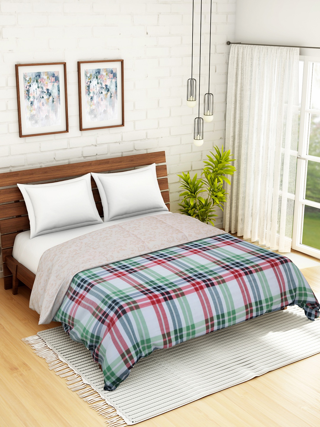 

WELHOME Green & Red Checked AC Room 110 GSM Double Bed Quilt