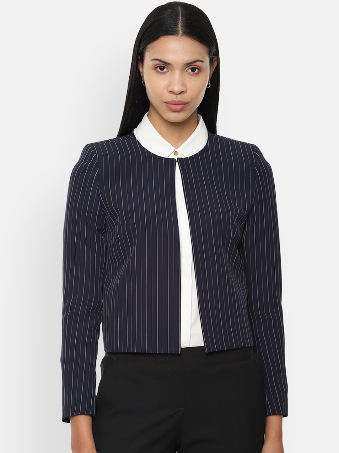 

Van Heusen Woman Navy Blue & White Striped Collarless Single Breasted Blazer