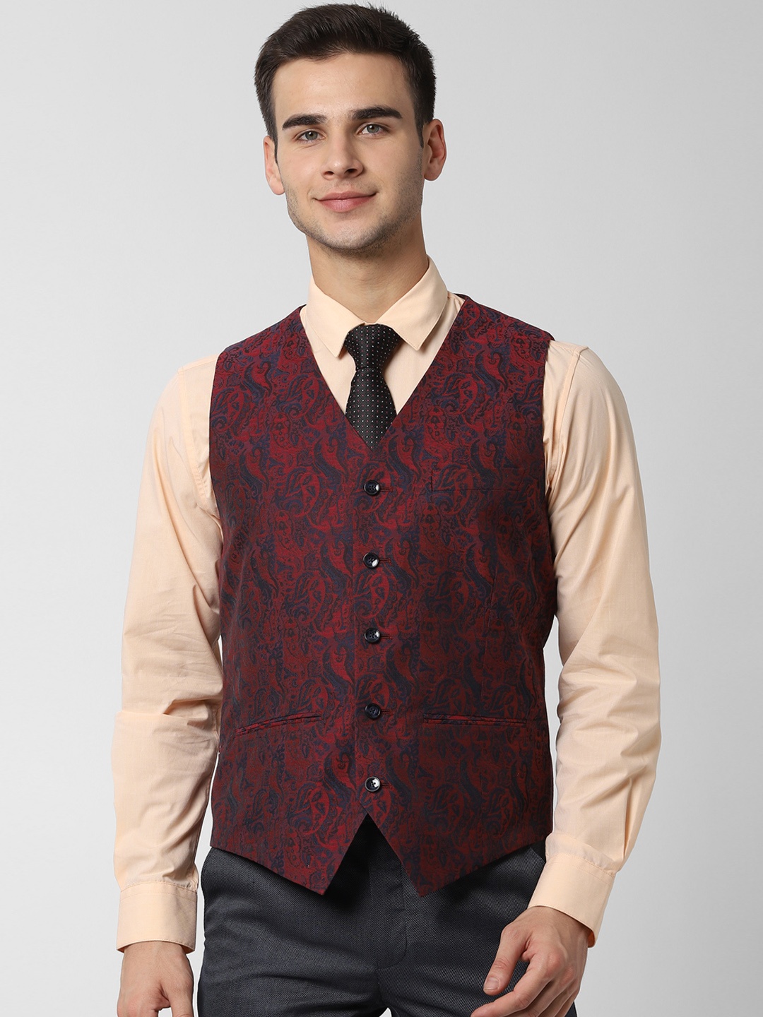 

Peter England Men Maroon & Blue Woven Design Waistcoat