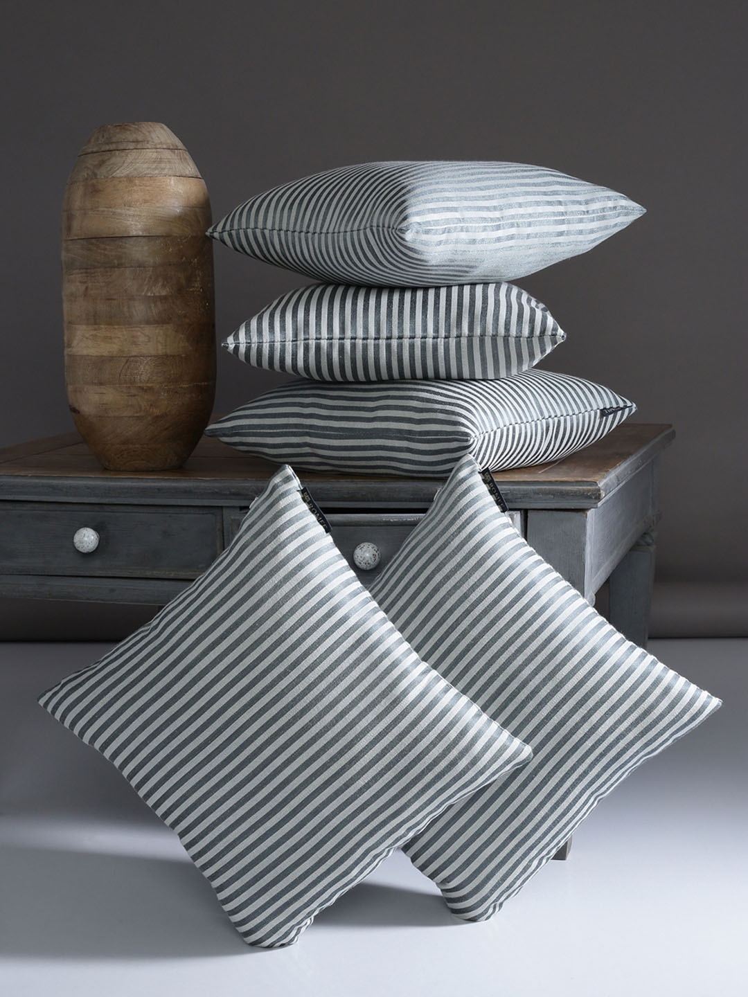 

ROMEE Grey & Off-White Set of 5 Striped Square Cushion Covers