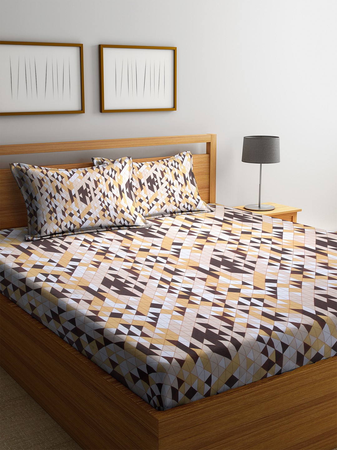 

Cortina Off-White & Brown Geometric 104 TC Cotton 1 Queen Bedsheet with 2 Pillow Covers