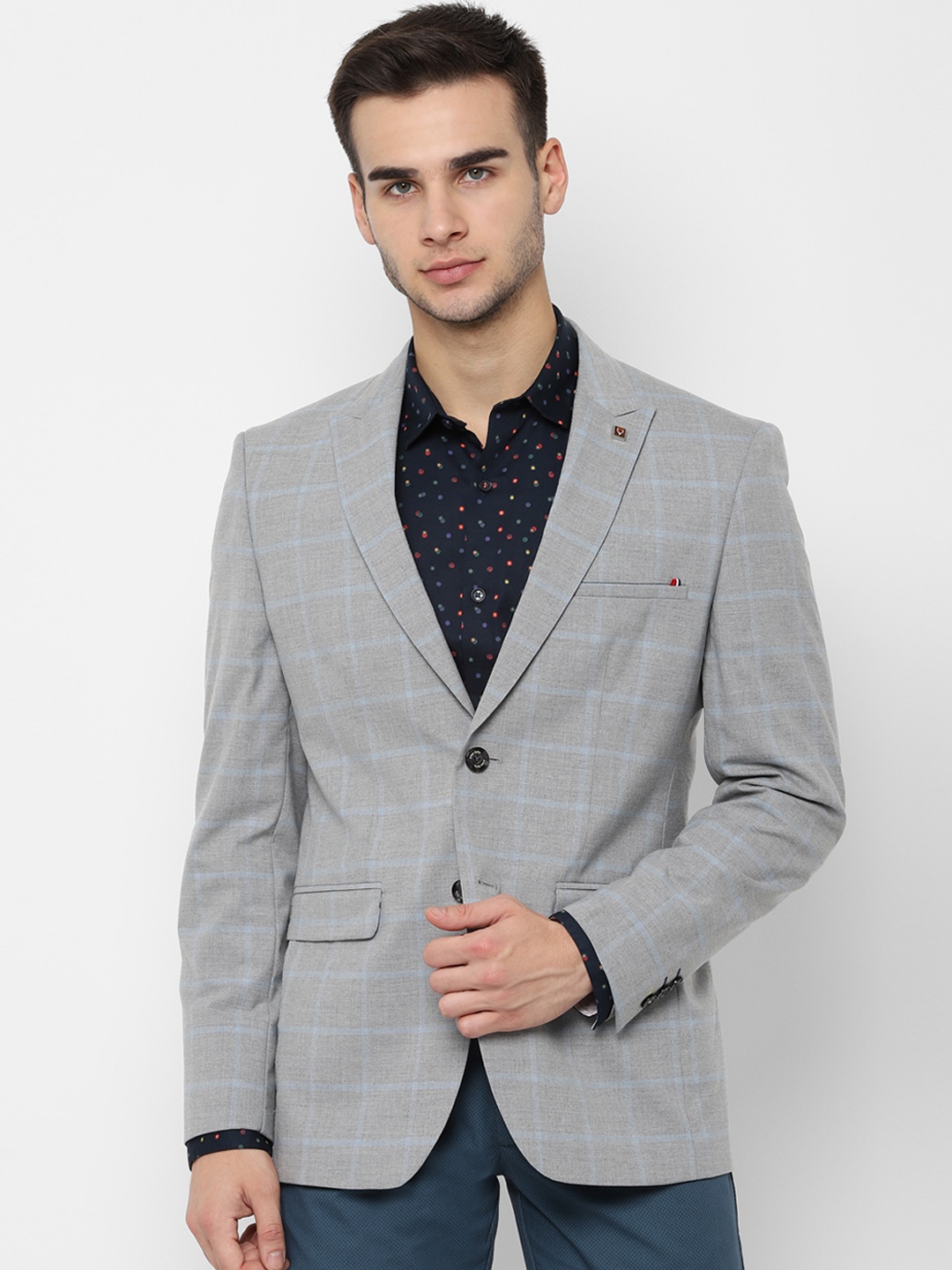 

Allen Solly Men Grey Checked Slim-Fit Single-Breasted Casual Blazer