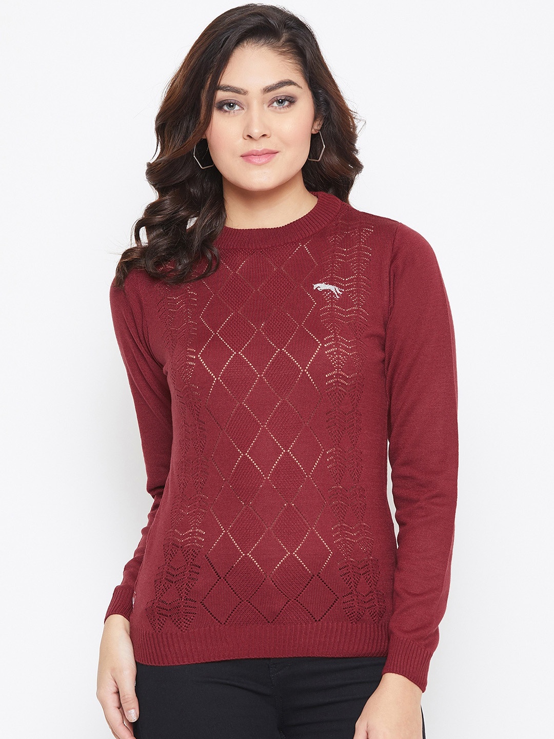 JUMP USA Women Red Self Design Acrylic Pullover Sweater