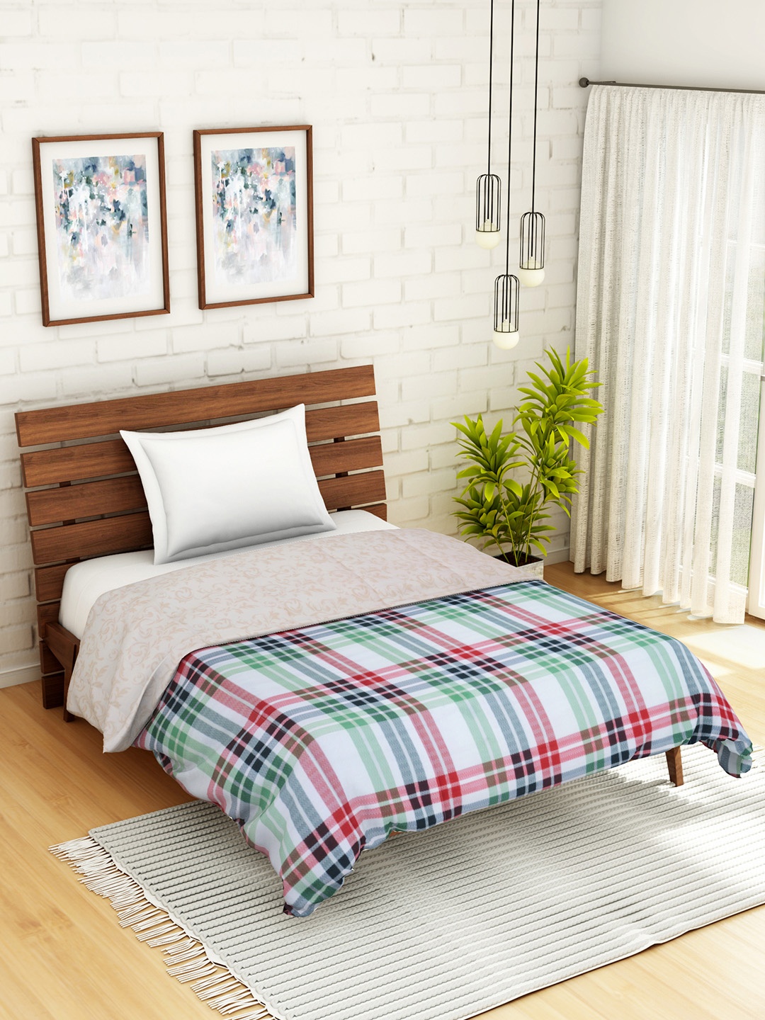 

WELHOME Green & Beige Checked AC Room 110 GSM Single Bed Quilt