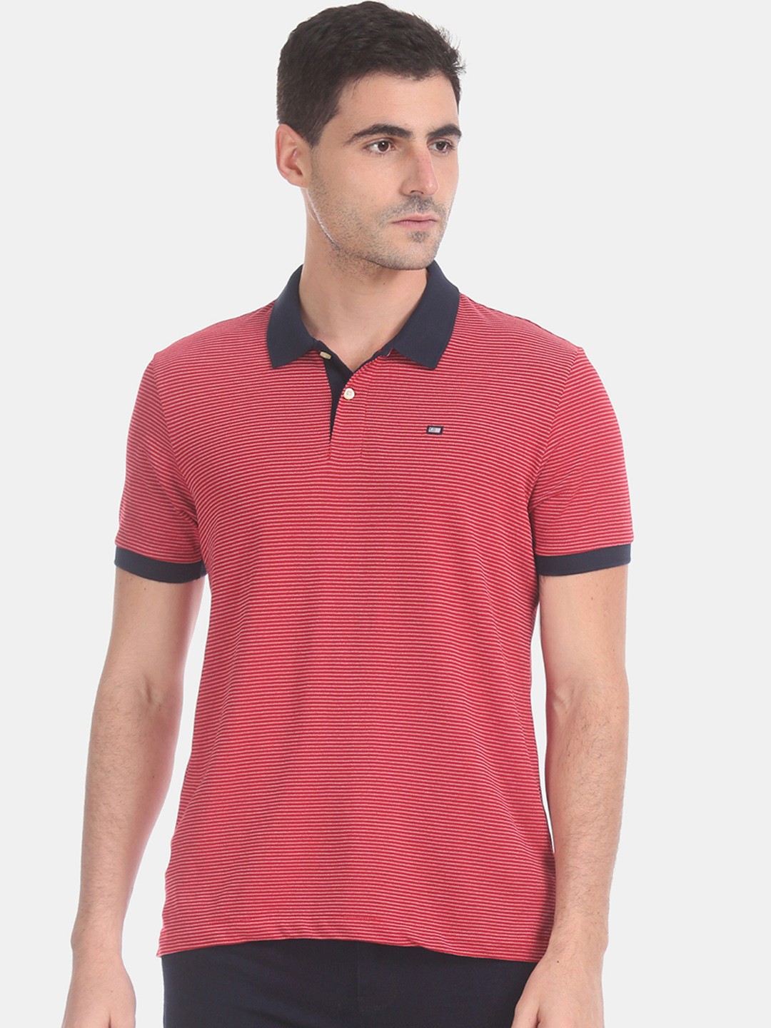 Arrow Men Red White Striped Polo Collar Pure Cotton T-shirt