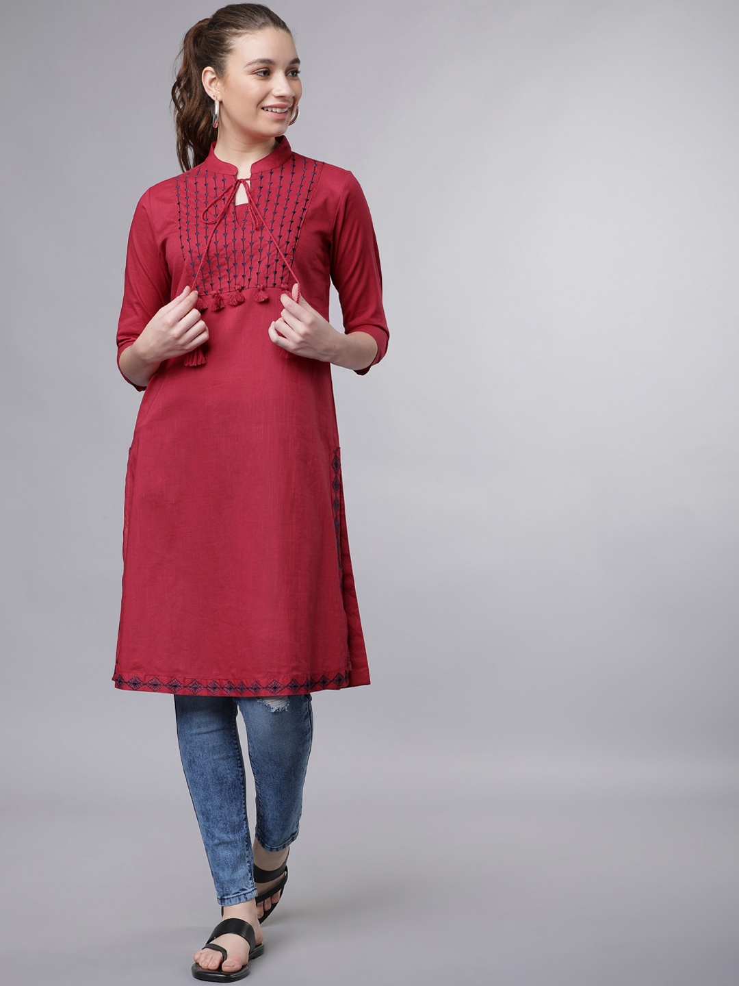 

Vishudh Women Red Embroidered A-Line Kurta