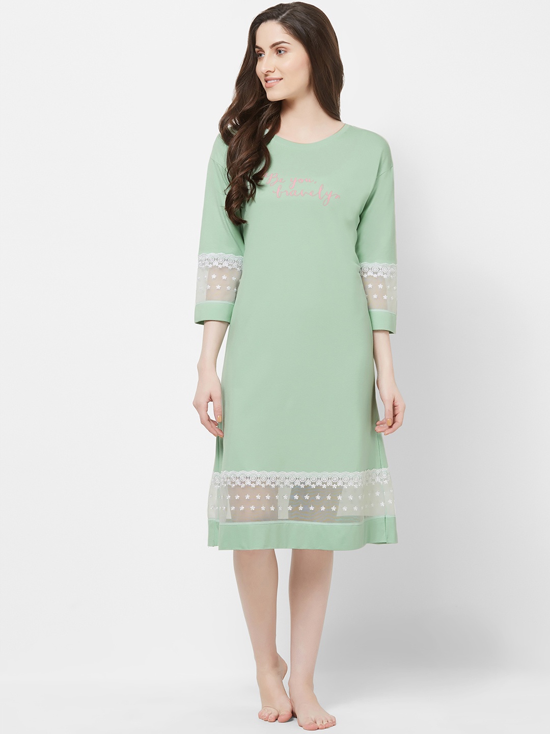 

Soie Women Green Solid Knee Length Nightdress