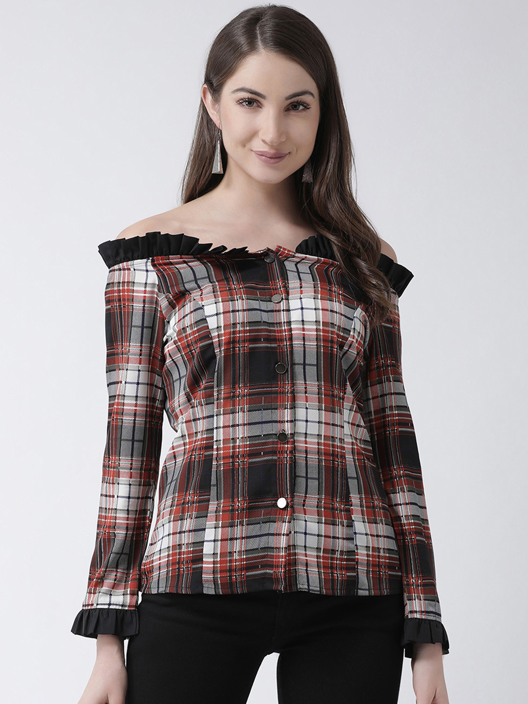 

KASSUALLY Women Brown Checked Shirt Style Top