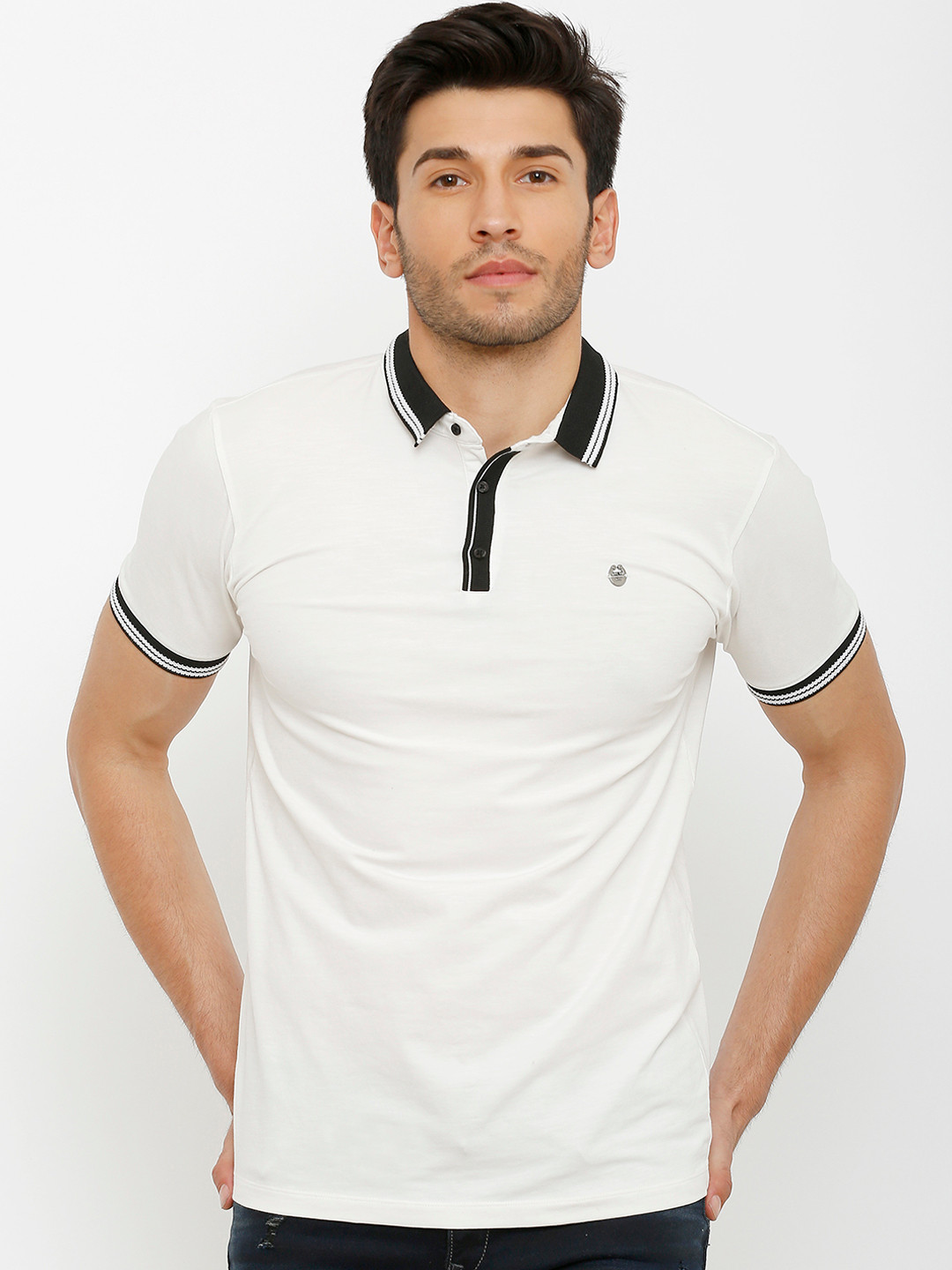 

Rex Straut Jeans Men White Solid Polo Collar Slim Fit T-shirt