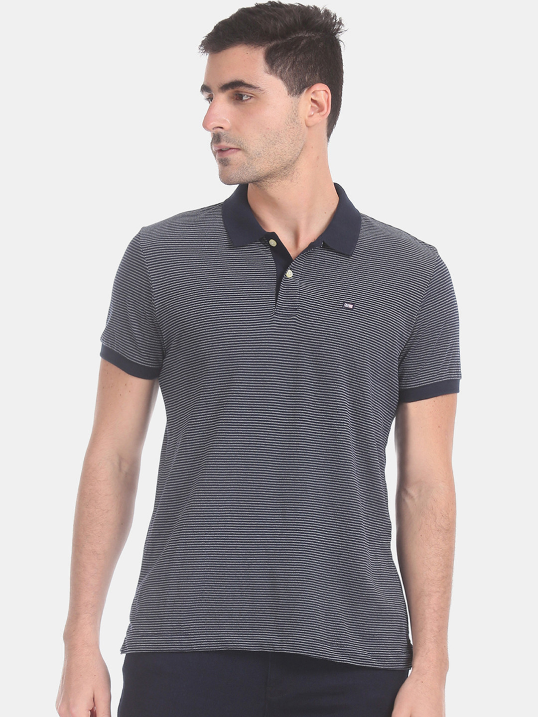 

Arrow Sport Men Blue White Striped Polo Collar Pure Cotton T-shirt
