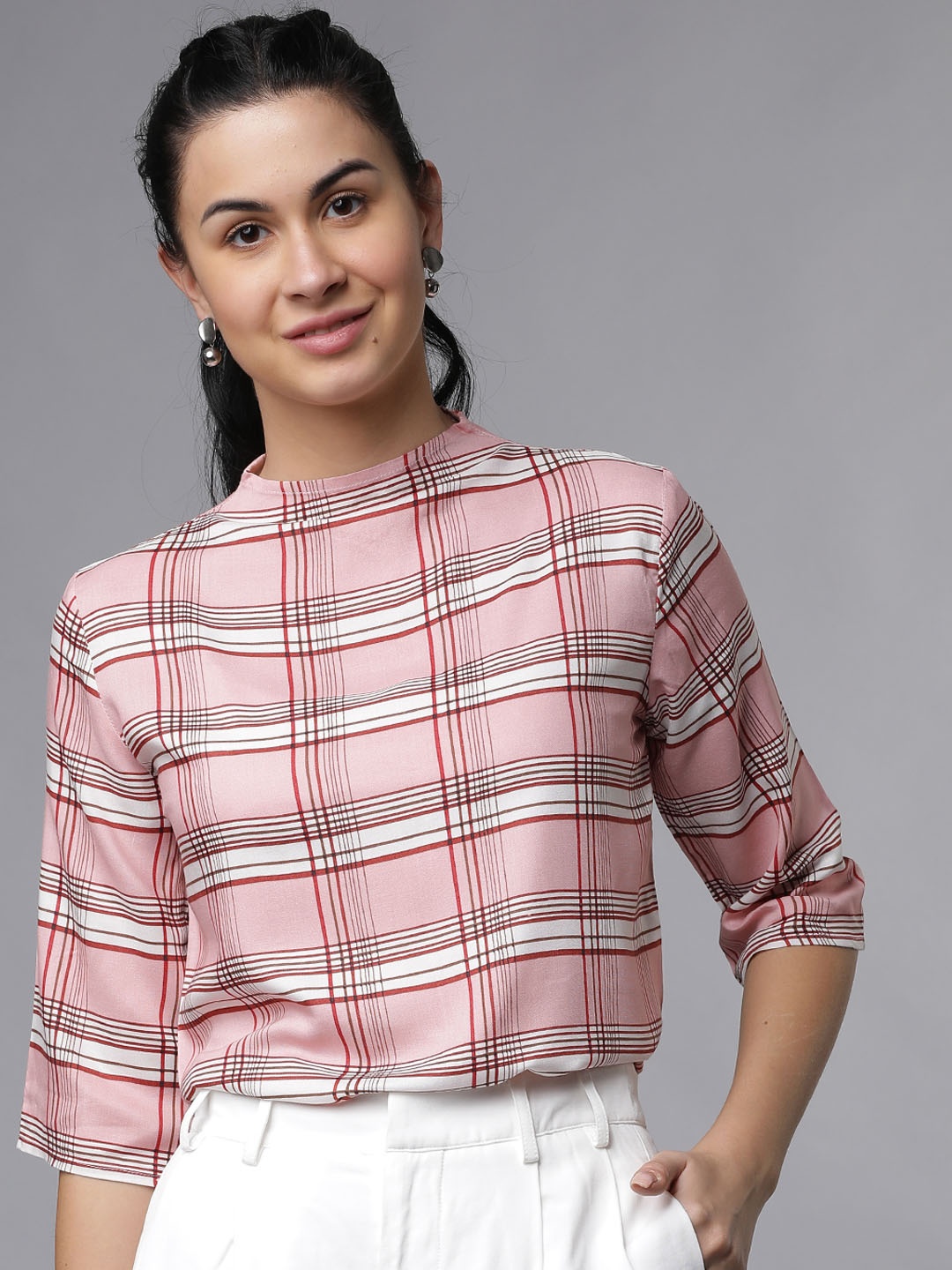 

Tokyo Talkies Women Pink Checked High-Low Top