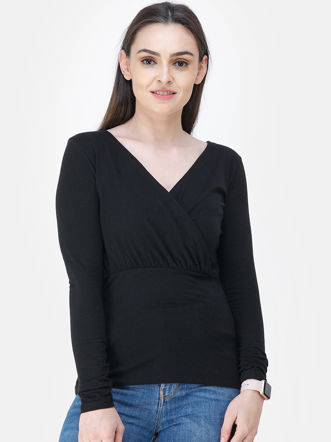 

Cation Women Black Solid Wrap Pure Cotton Top