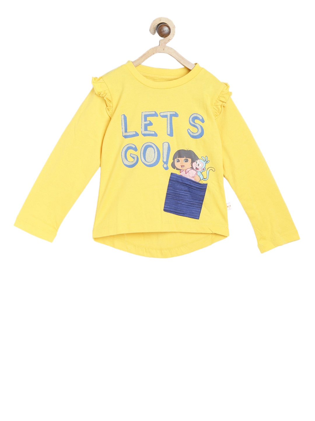

toothless Girls Yellow & Blue Dora Printed Round Neck Pure Cotton T-shirt