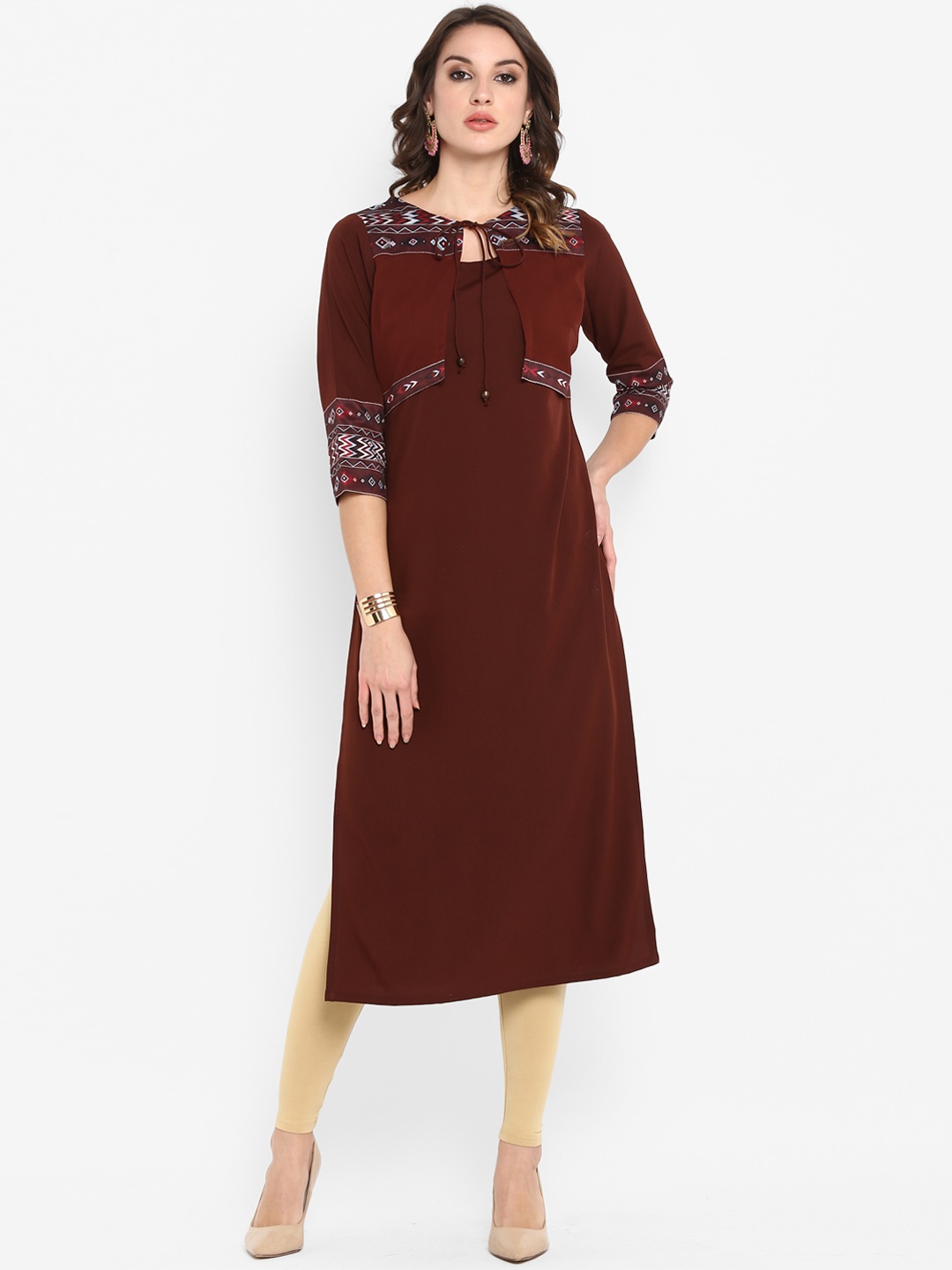 

Janasya Women Brown Printed Straight Kurta