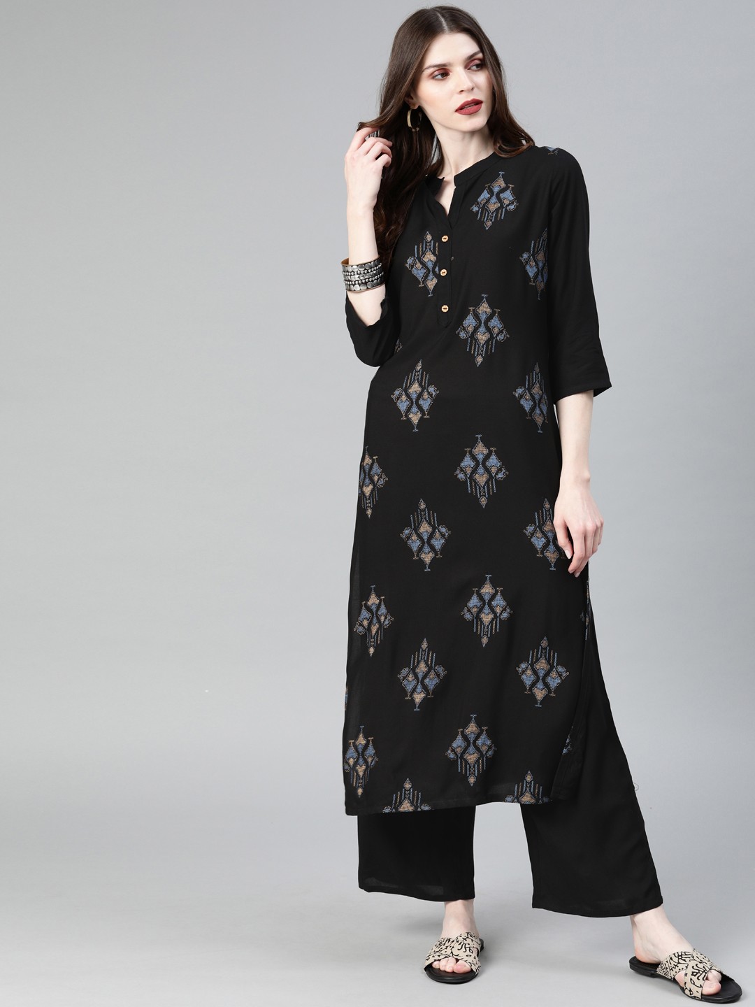 

ZIYAA Women Black & Grey Printed Straight Kurta