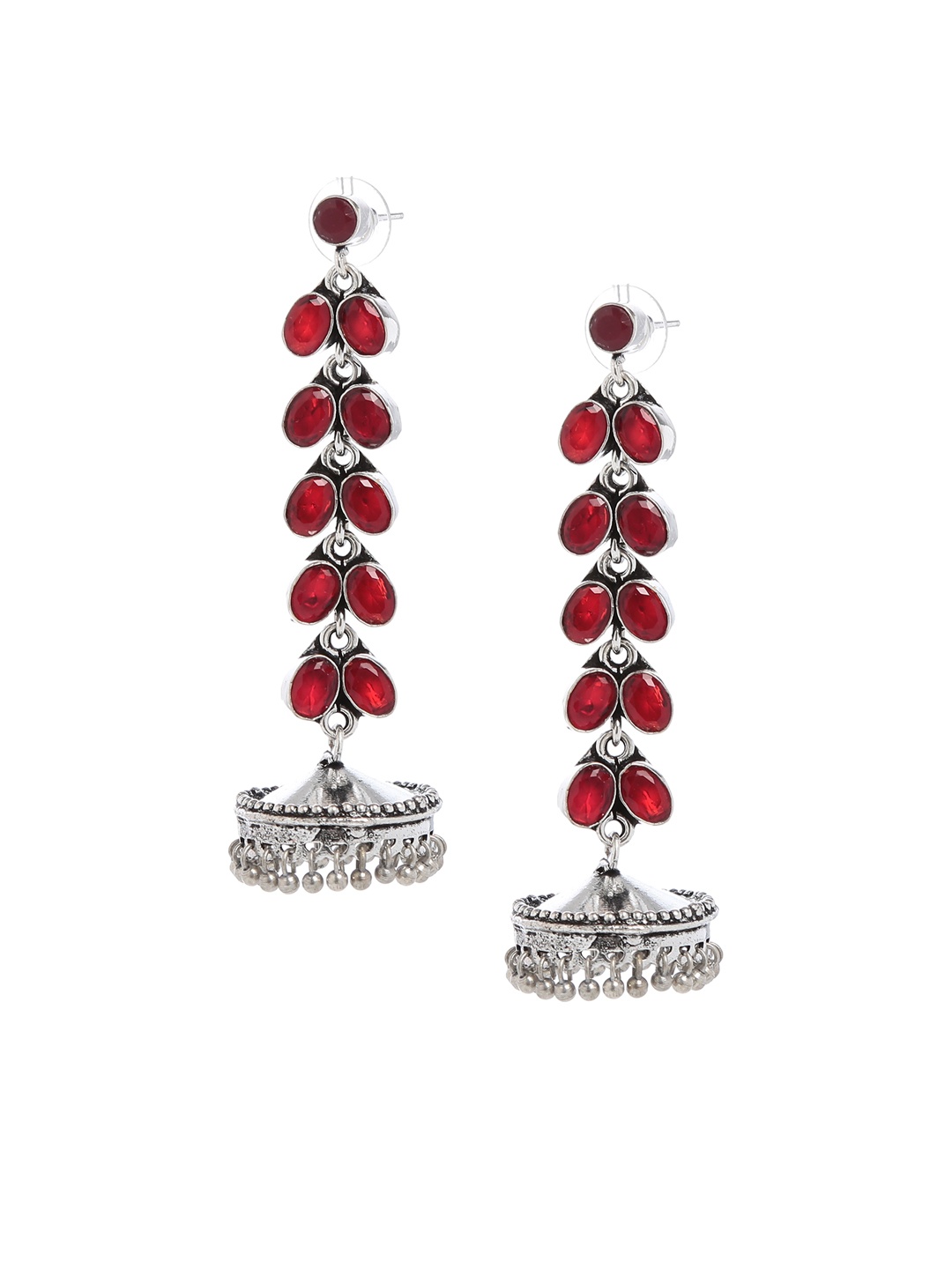 

Bamboo Tree Jewels Red & Silver-Toned Contemporary Handcrafted Jhumkas