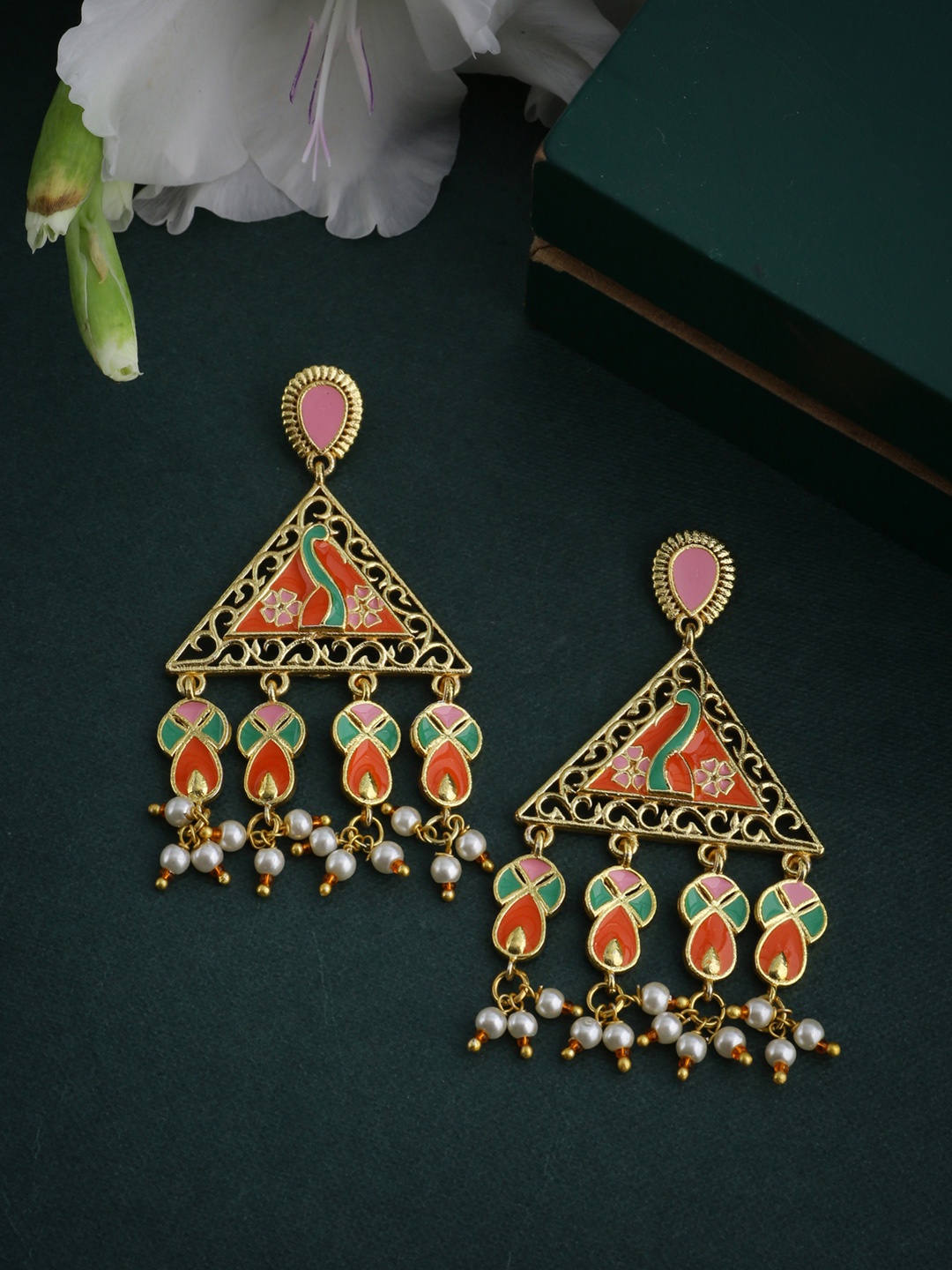 

Voylla Gold-Plated & Red Contemporary Enamelled Drop Earrings